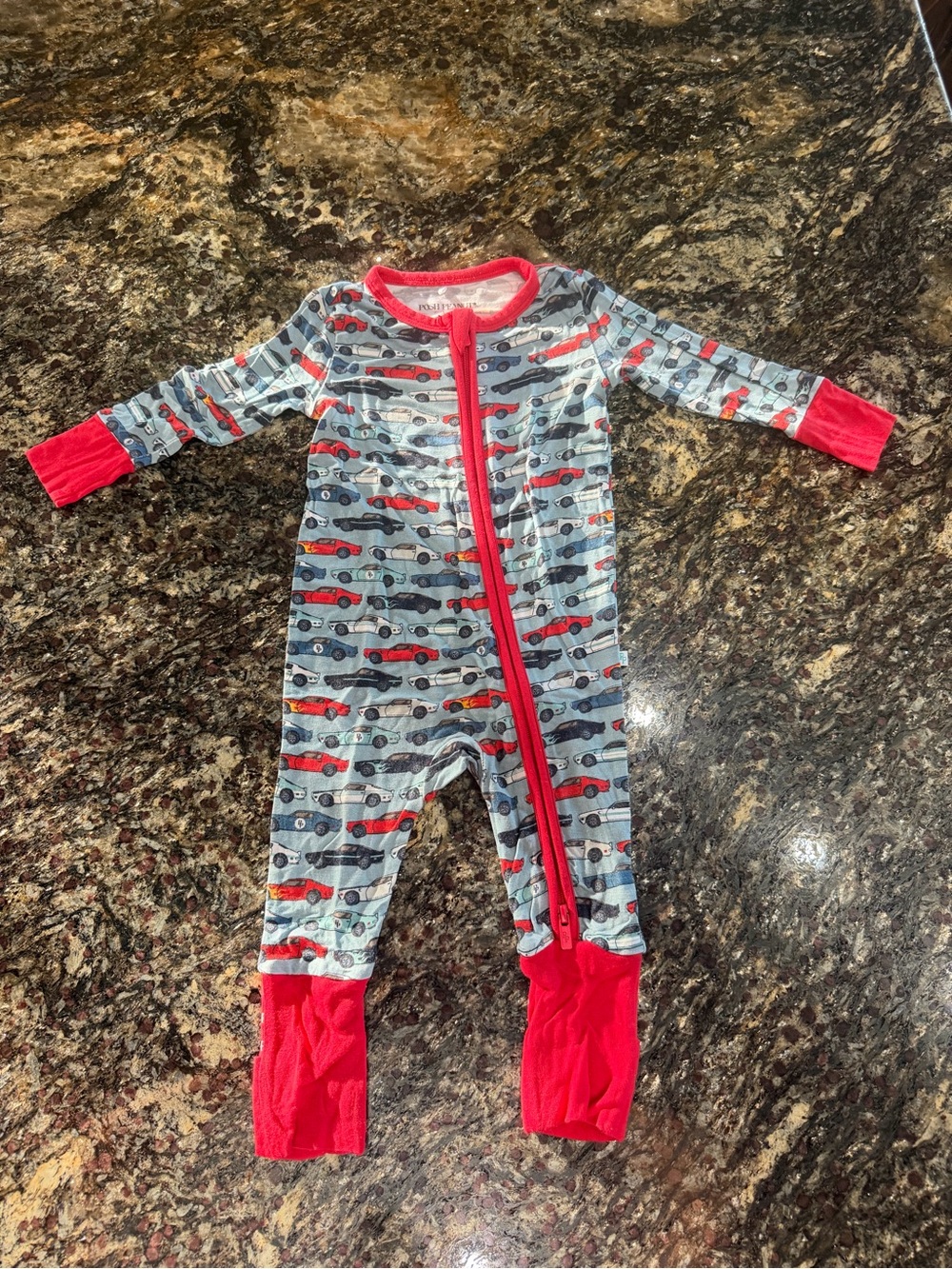 Posh Peanut Red-Trim Car Print Footie 3-6 months
